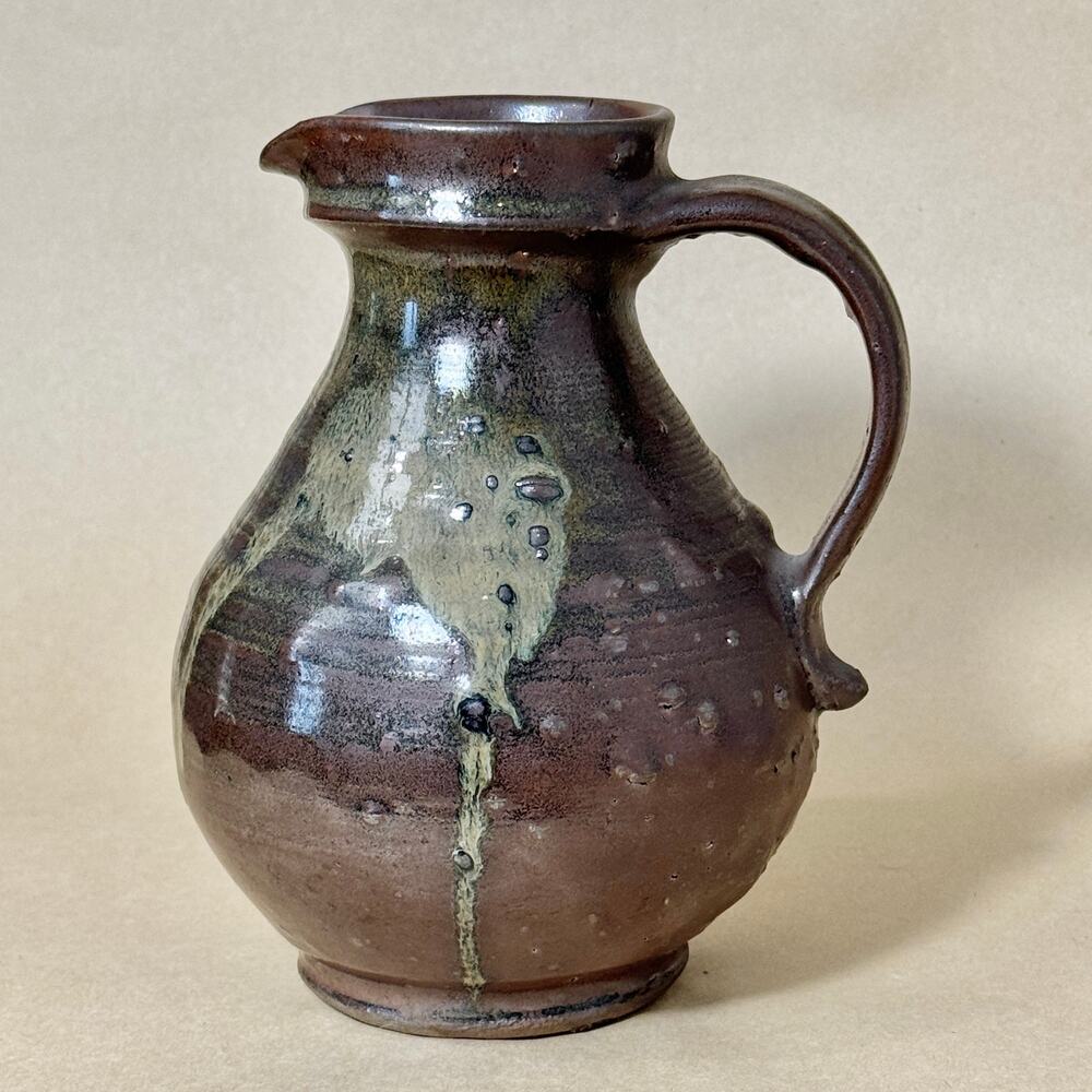 Vintage Japanese Onta Ware Handled Pottery Vase Brown Green Rustic Decor 6 in